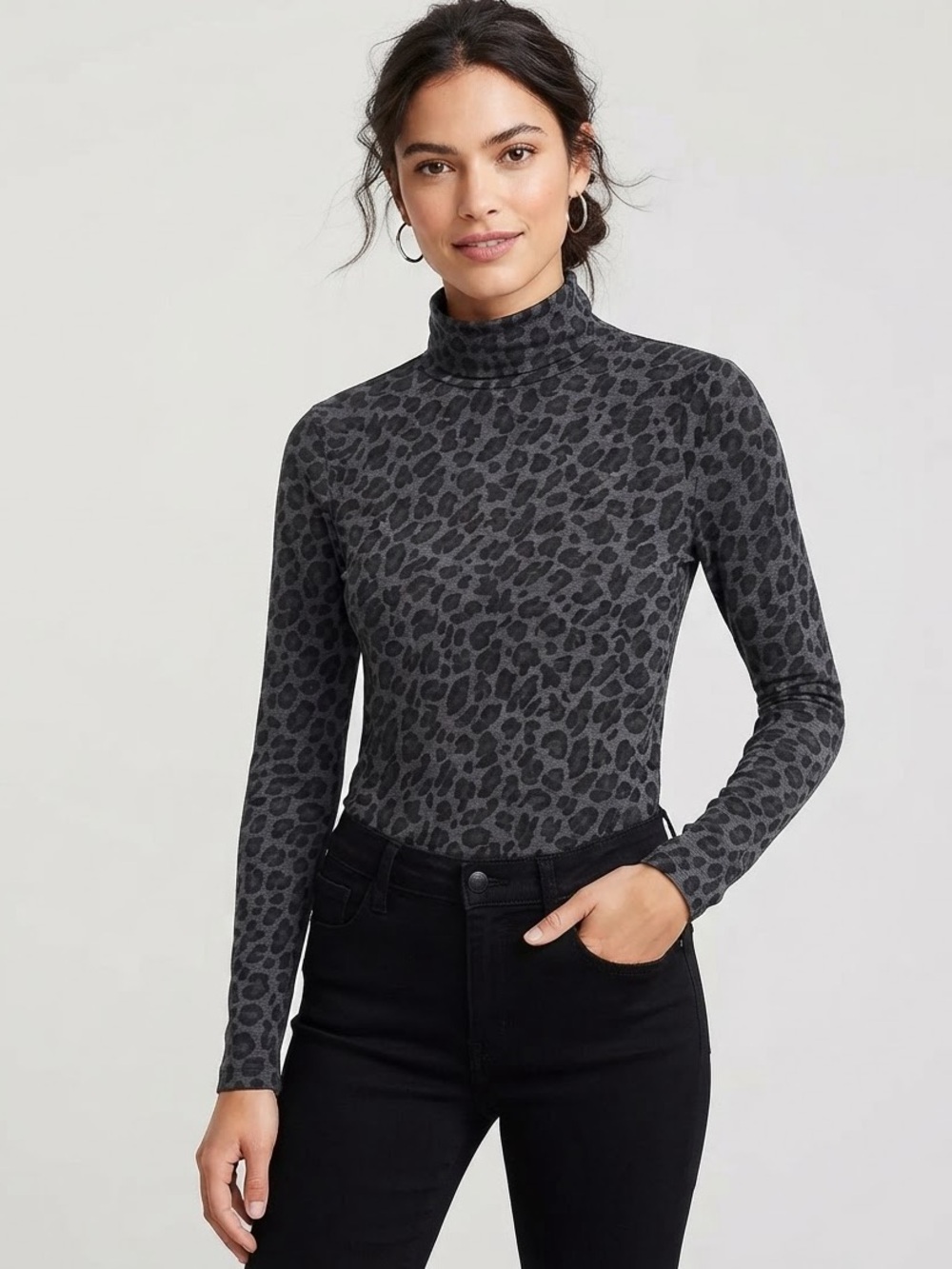 ANN TAYLOR Gray Leopard Print Mock Neck Long Sleeve Top XXS NWT
